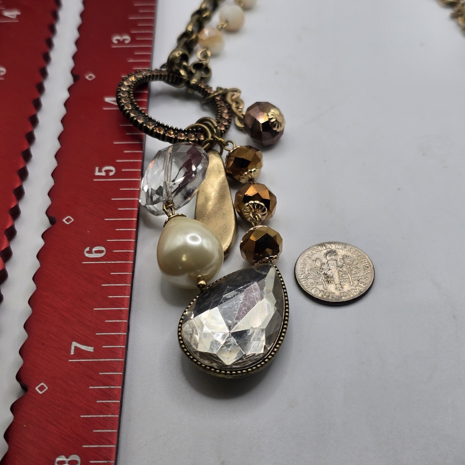 Necklace Chico’s Charm Necklace Crystals Glass Beads 36″ 38″ Antique Gold Tone