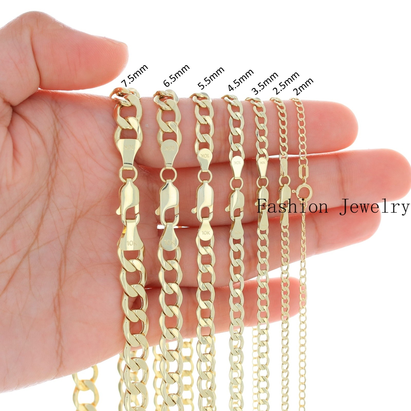 10K Yellow Gold 2mm-7.5mm Curb Cuban Chain Necklace Bracelet Men Women 7″- 30″