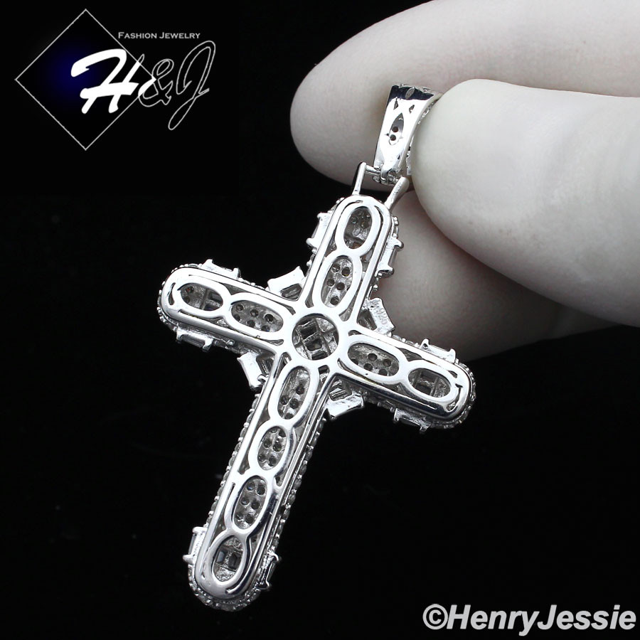 24″MEN 925 STERLING SILVER 2MM MOON CUT BEADED CHAIN ICY CZ CROSS PENDANT*SP232
