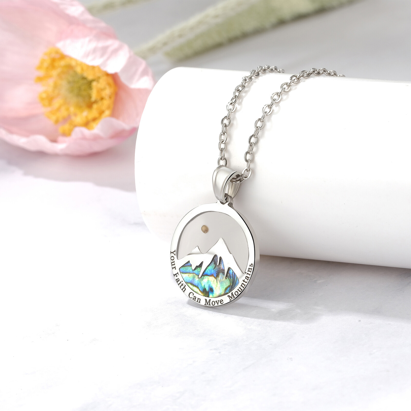 Women’s Mustard Seed Mountain Christian Necklace Colorful Abalone Shell Pendant