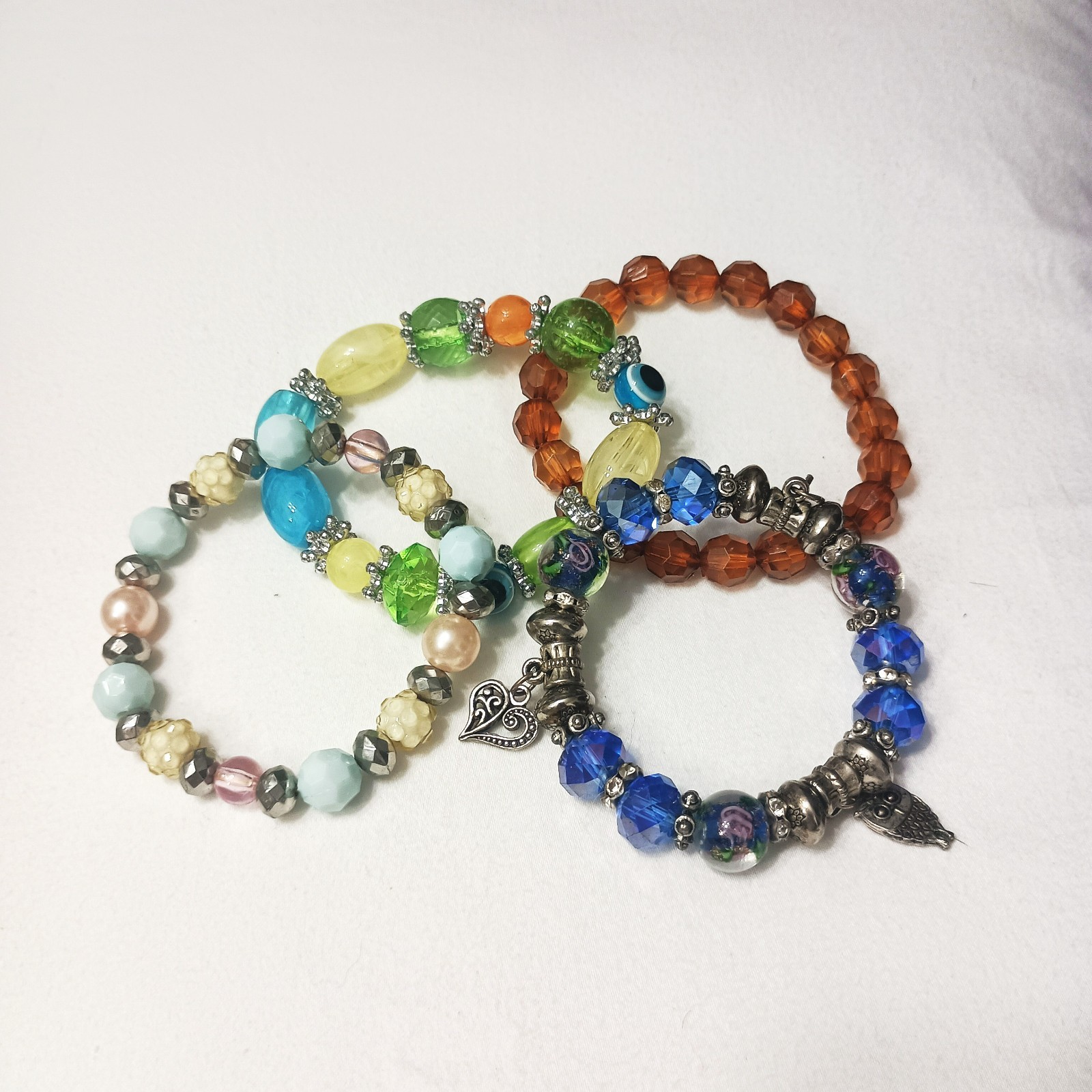 4 Pc Handmade Stretch Beaded Bracelet Set Colorful Glass Silver Tone Charm Boho