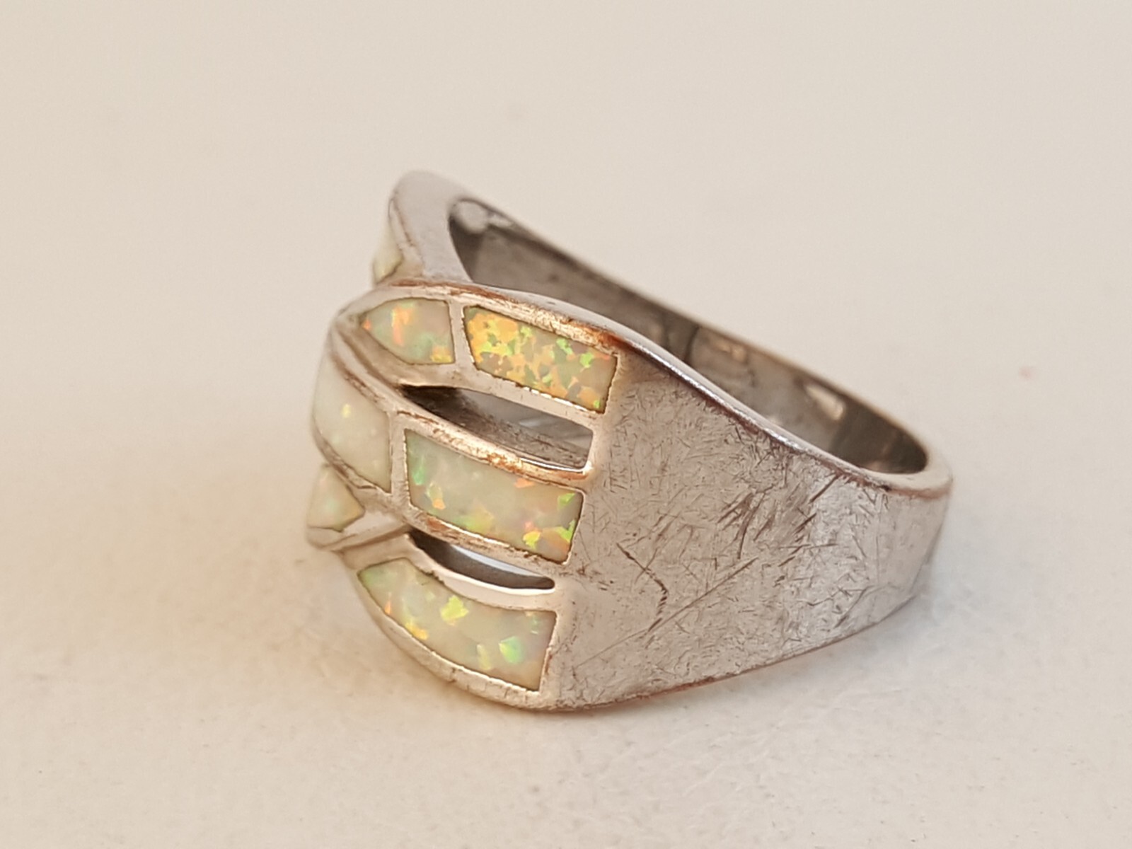 Lab created synthetic opal sterling silver ring sz 8 weave woven