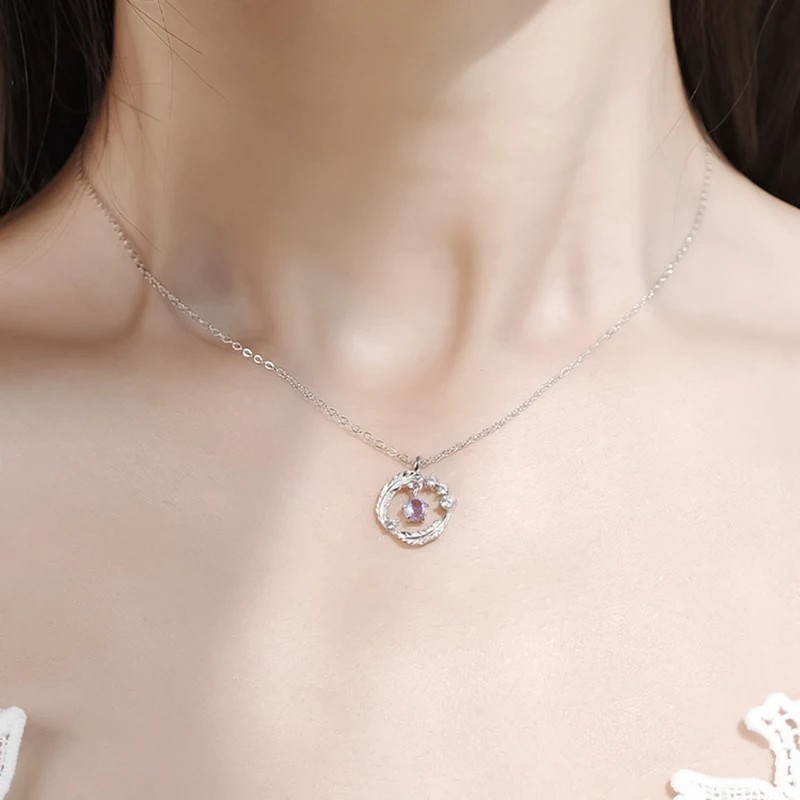 Silver Plated Feather Shape Pendant Necklace Moonstone Round Bead Jewelry