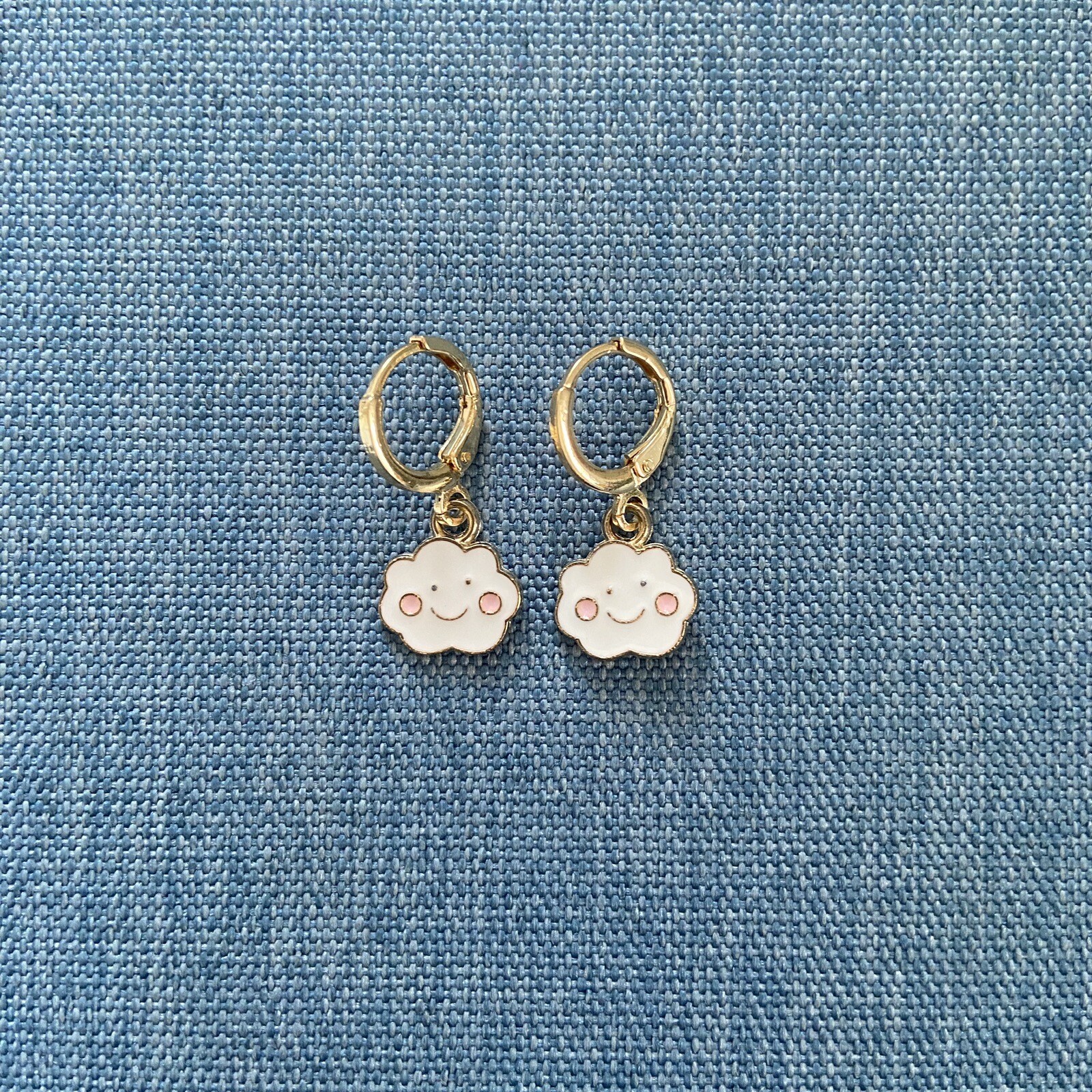 Gold Huggie Hoop Earrings with White Cloud Charm