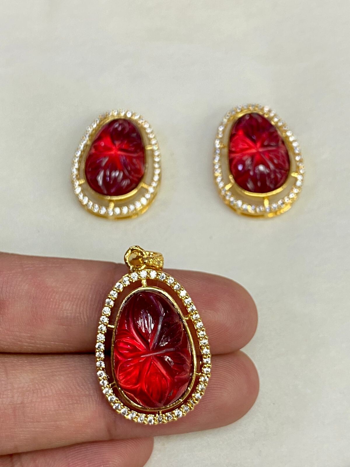 22k Gold Plated Ruby Pendant & Stud Earrings Set | CZ Stone jewelry For Women’s