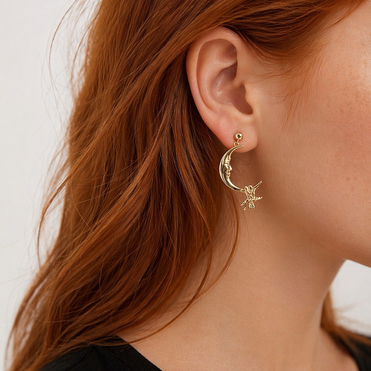 Hoop Moon Cherub Earrings Mismatch Anthro Style Angel Gold Face Boho Celestial