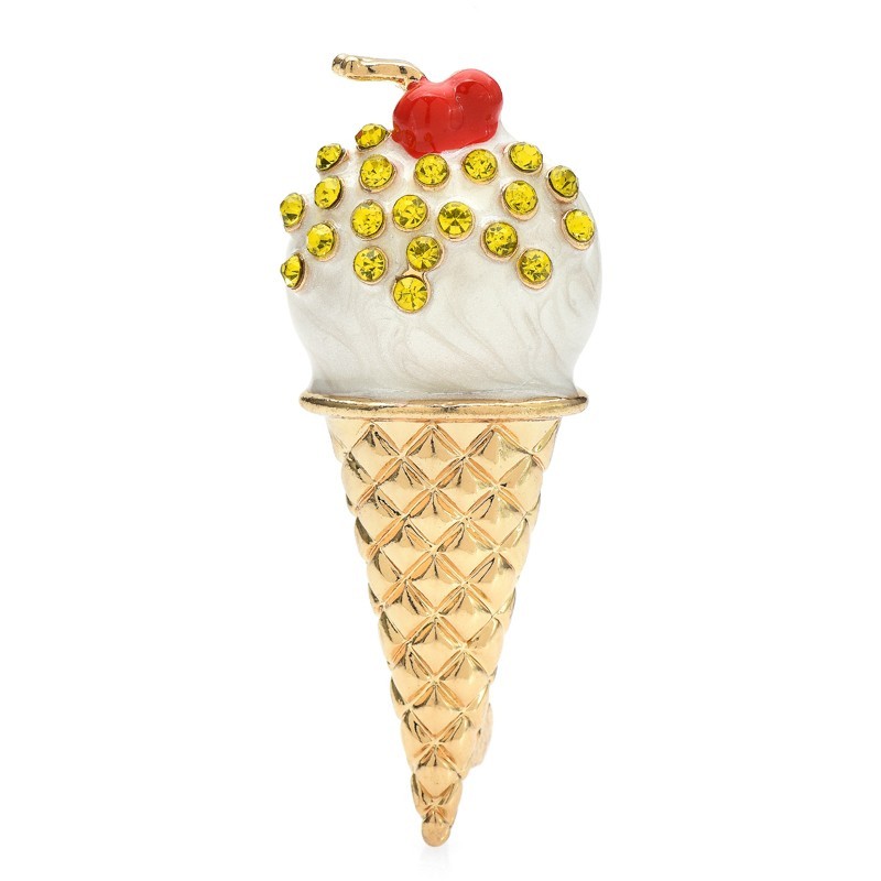 2PCS Ice Cream Cone Brooch Pin Enamel Rhinestone Dessert Sweet Treat Gold Tone