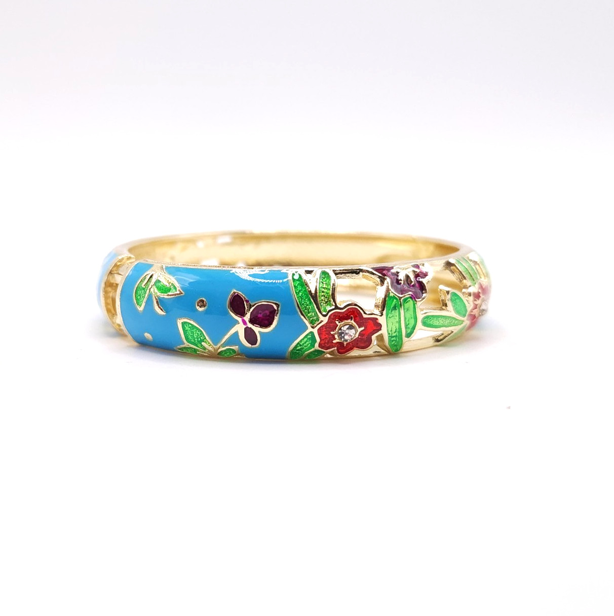 18K Gold Plated Floral Enamel Bangle Pastel Blue Red Green Rhinestone Bracelet