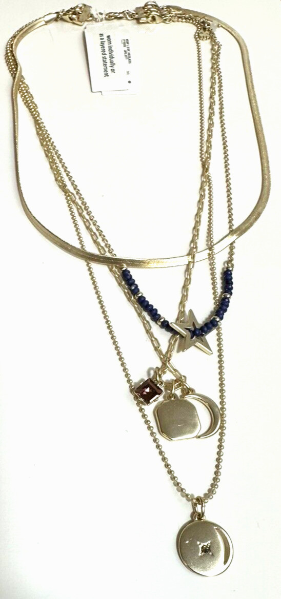 Lucky Brand Gold Tone Star Charm Layered Necklace 3 Strand Pendant NWT 3-in-1