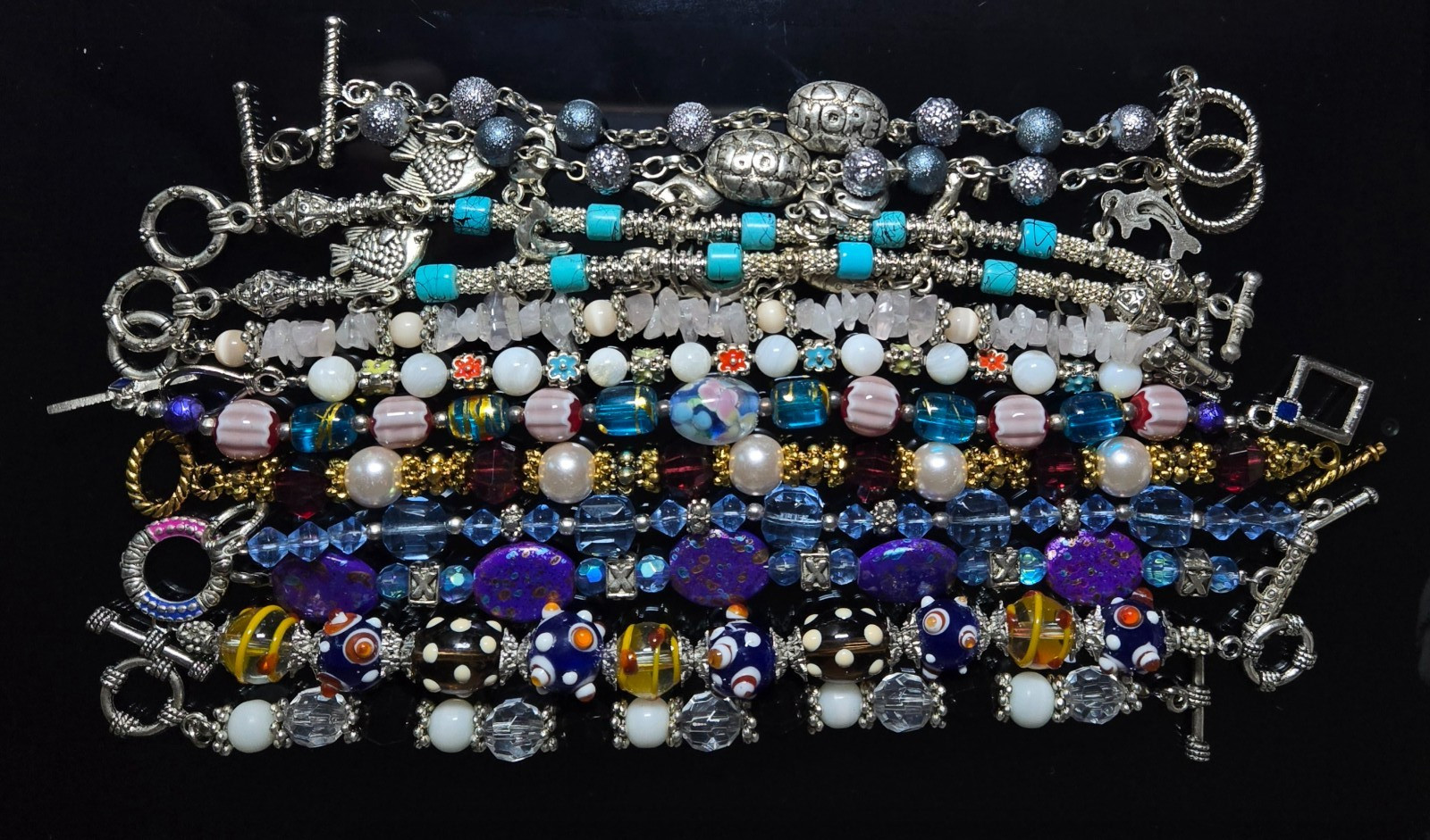 Wholesale Bracelets Lot of 12 Blue Silver tone Beaded Toggle Bracelet no stretch