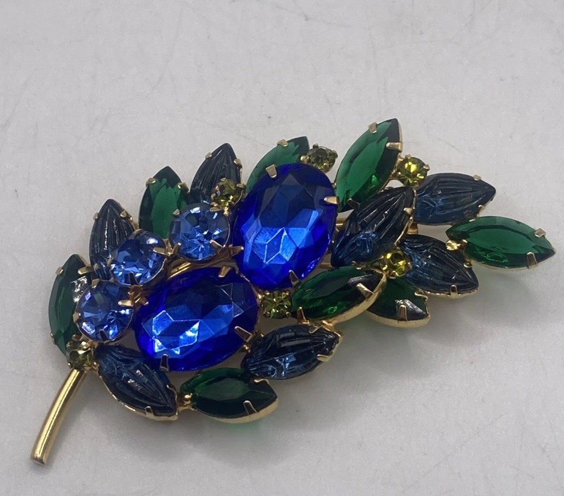 Vintage Juliana D&E Blue Green Rhinestone Brooch Scarab Glass 1960s 3”