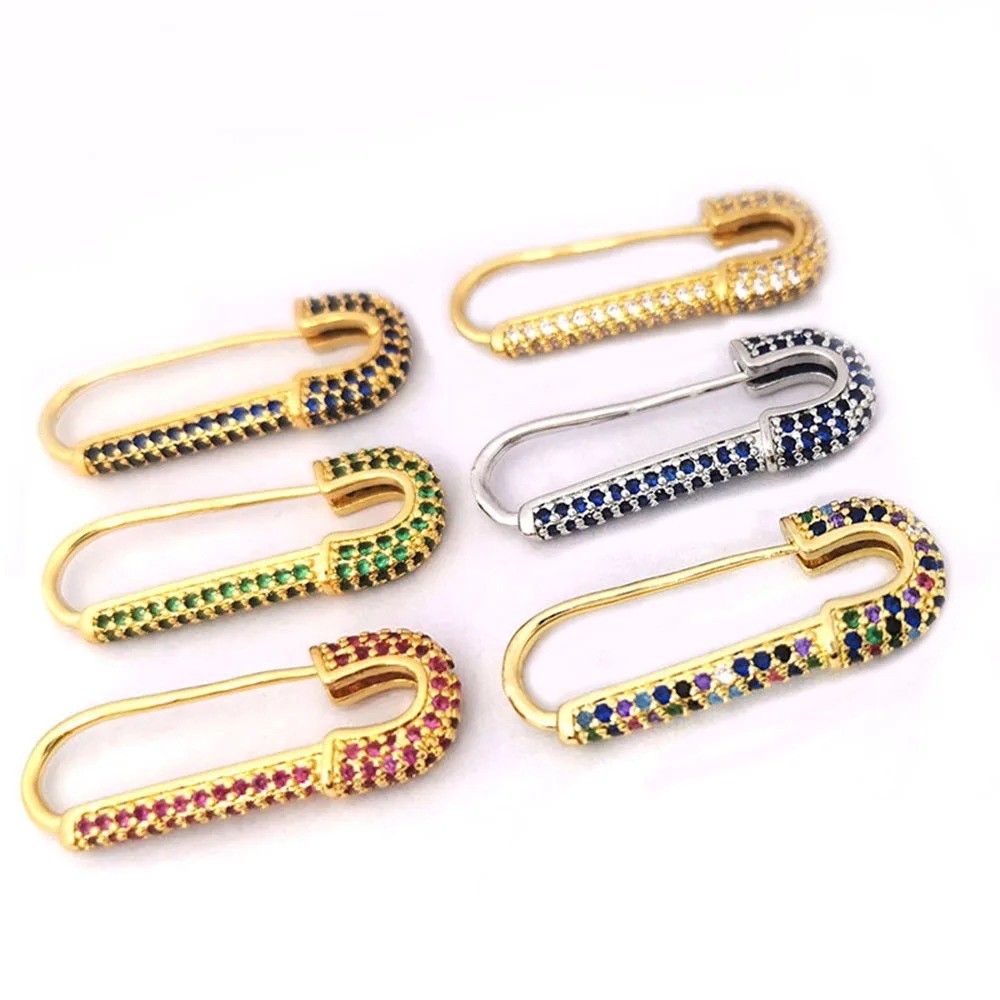 Brass Hoop Earrings Rhinestone Safety Pin Clip Gold Silver Red Green Blue Z313