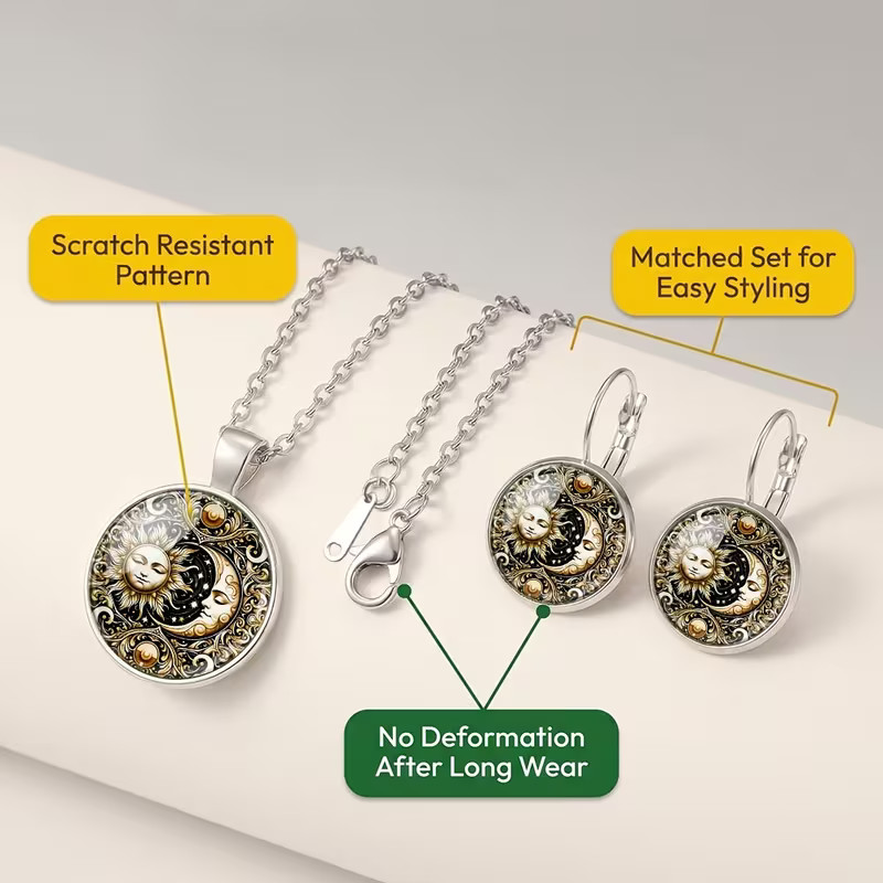 Sun Moon Auspicious Clouds Necklace and Earrings Set Suitable for Daily Wear
