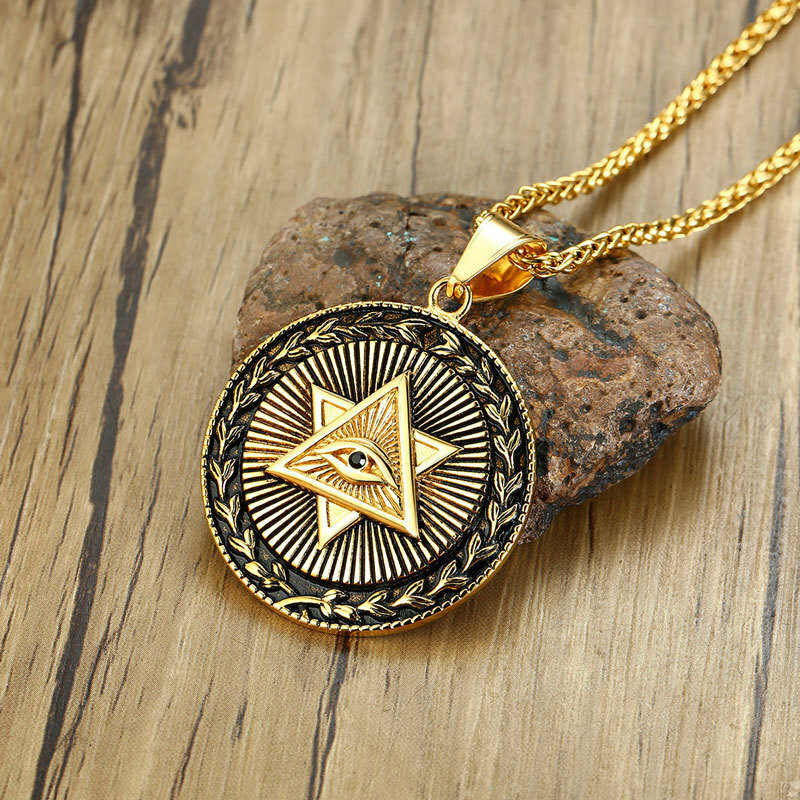 Gold Pyramid All Seeing Eye Pendant Necklace Punk Biker Jewelry Men Unisex 24″