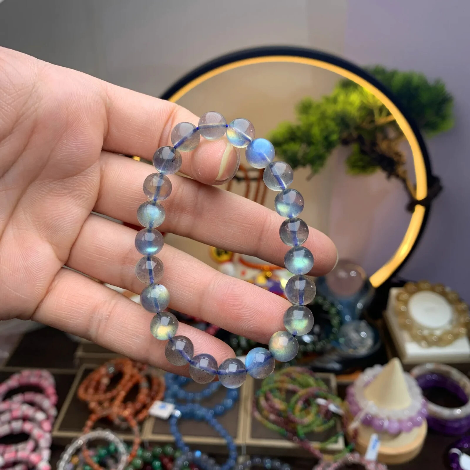 Natural Moonstone Stone Bracelet 7mm Ice Blue Crystal Stretch Bracelet Handmade
