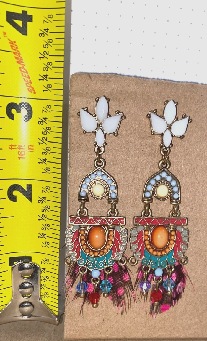 Multicolor Boho Chic Dangle Earrings with Feather Accents