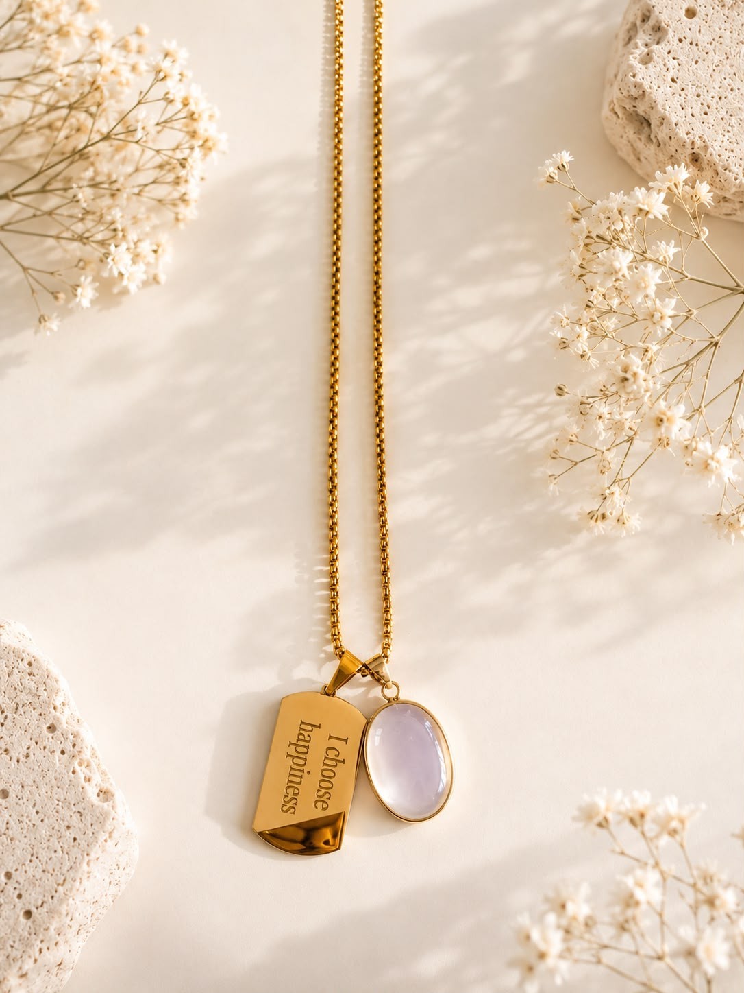 ThisisMyWay Gold Pendant Necklace with Natural Stone – I Choose Happiness