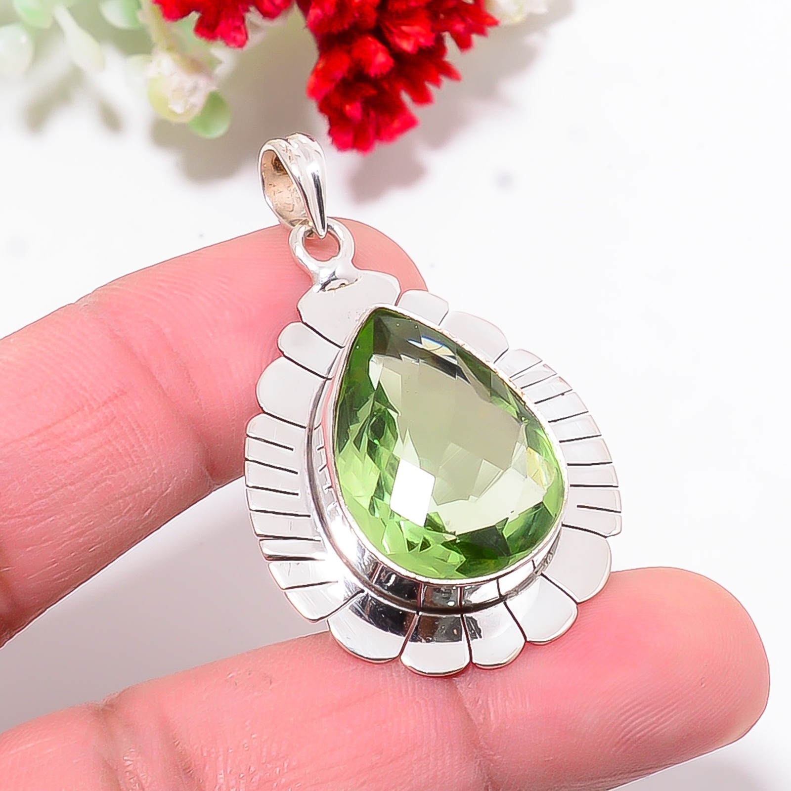 Green Amethyst Designer Handmade 925 Sterling Silver Pendant 1.5″ P1046411973