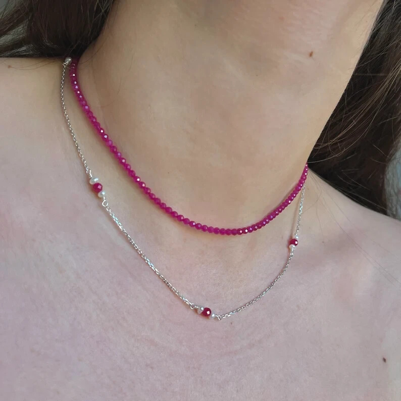 Natural Pinkish-Red Ruby Choker Tiny Beads Healing Energy Women Dainty Necklace