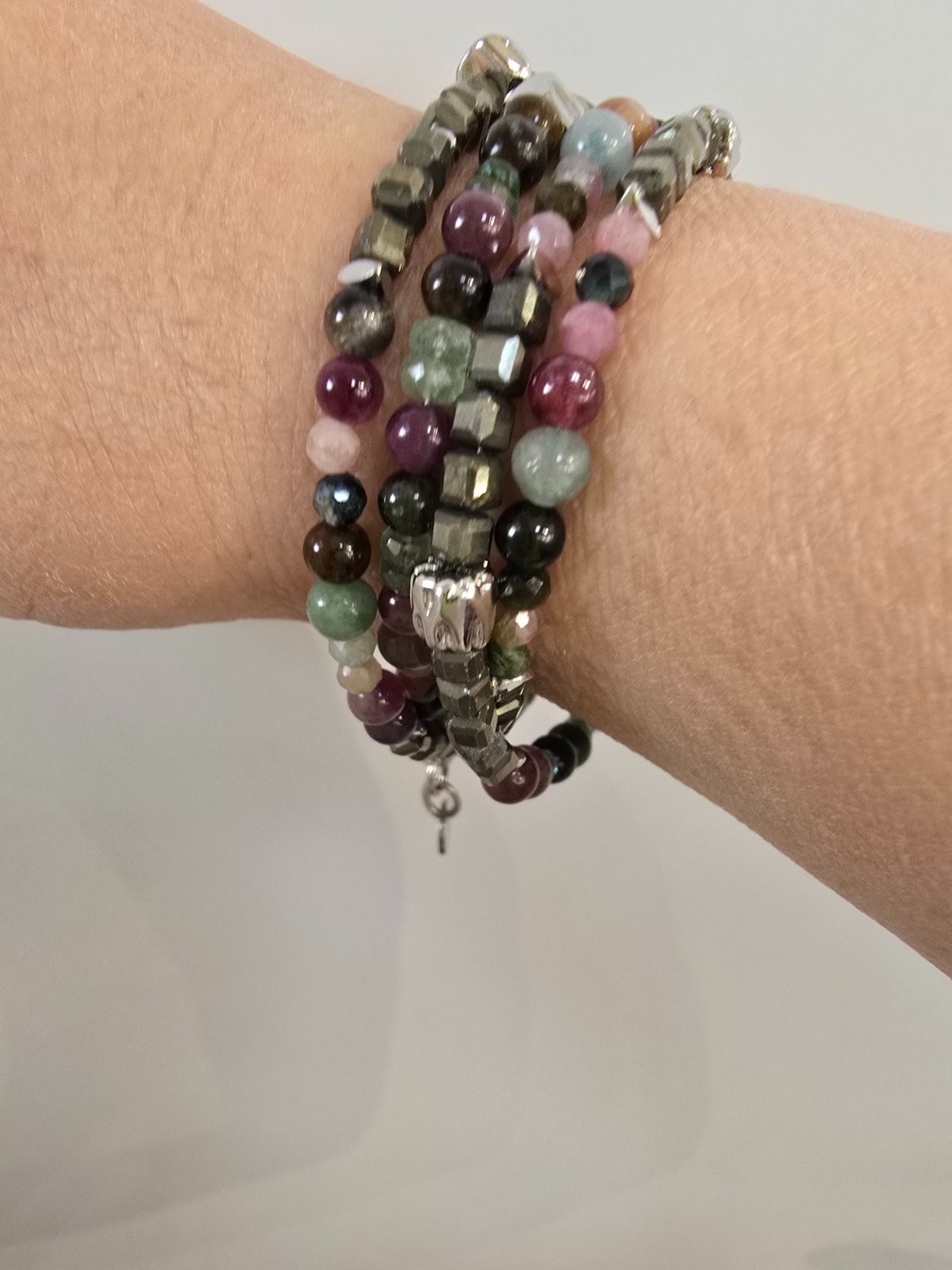 Natural Turmaline Pyrit Emerald Wrap Braselet Rhodium Plated Handmade