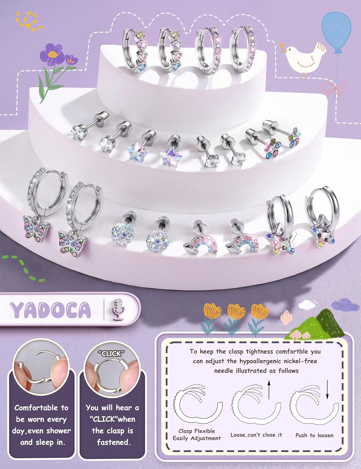 Hypoallergenic Flat Back Earrings Set Girls Kids Surgical Steel Sensitive Ears