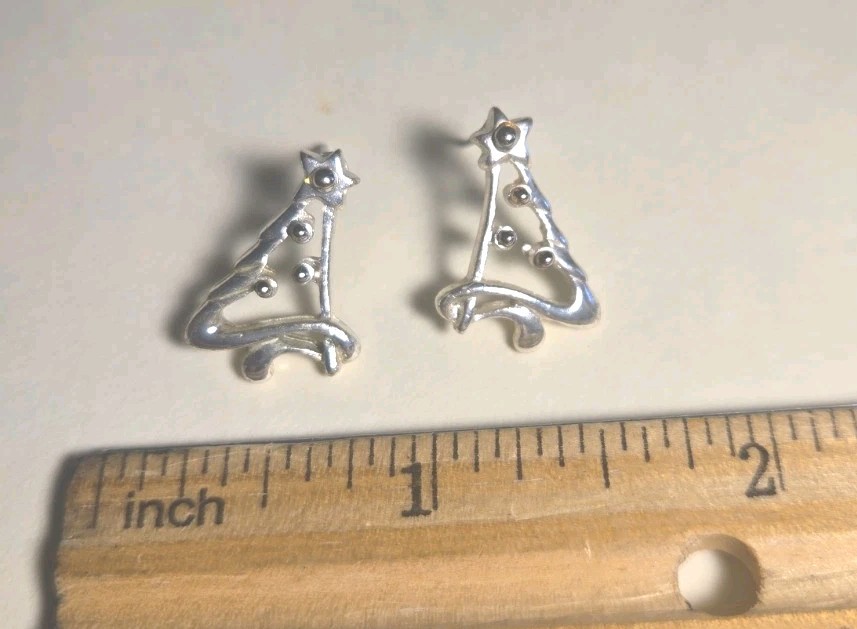 Cute Silver Tone Christmas Tree Earrings