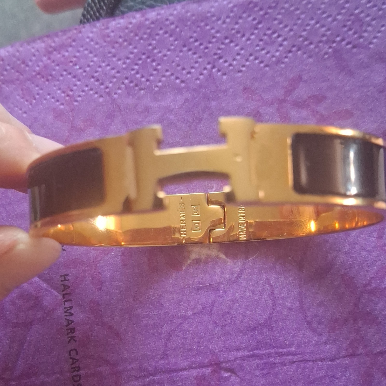 HERMÈS H Clic Clac Hinged Bangle Bracelet Gold Tone Black Enamel Signed