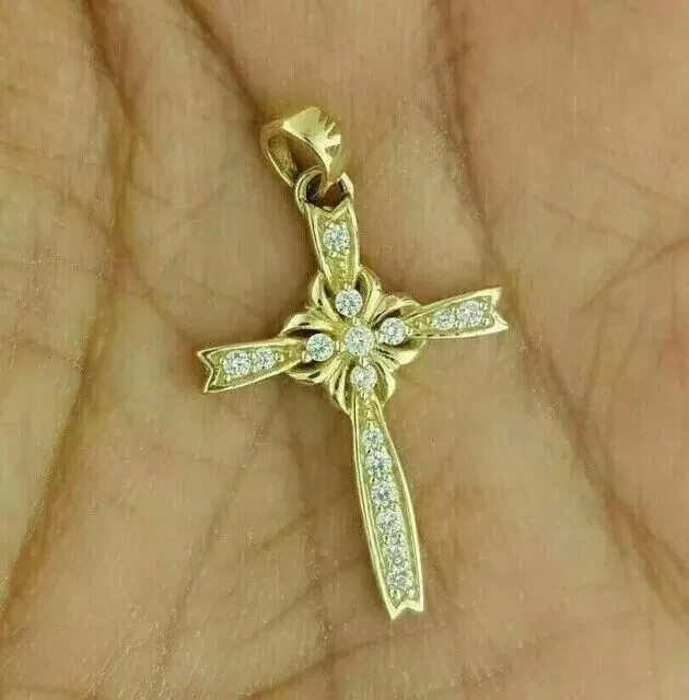 2 Ct Simulated Diamond Round Cut Cross Pendant 14K Yellow Gold Plated Silver