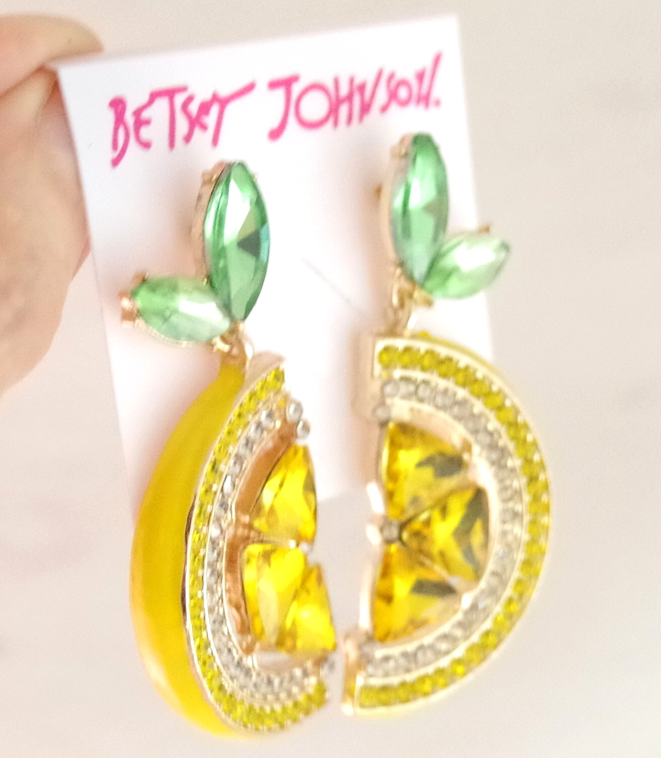2.25″ BETSEY JOHNSON LEMON SLICE FRUIT CRYSTAL RHINESTONE DROP DANGLE EARRINGS