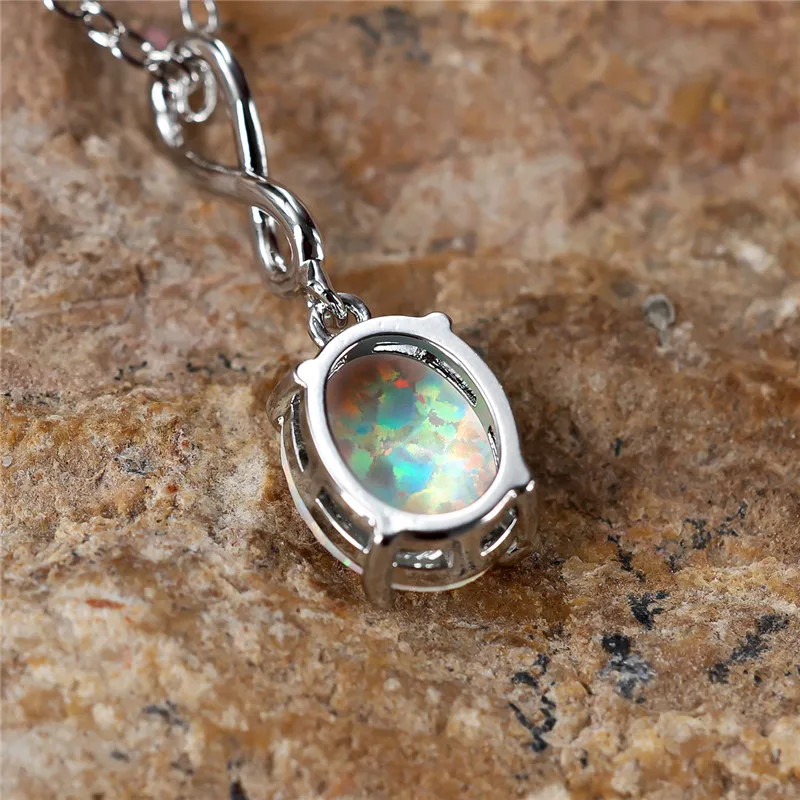 Boho Female Small White Fire Opal Stone Oval Pendant Necklace Silver Color Weddi