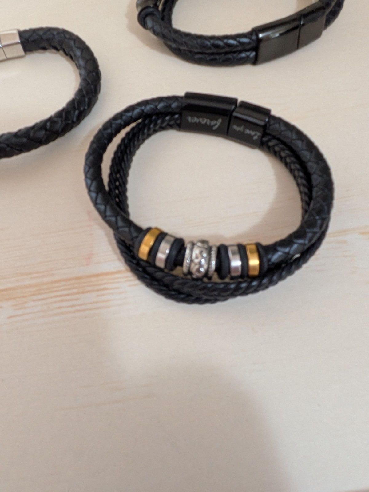 Men’s Bracelet Braided Leather & Bead Lot of 3 Clean