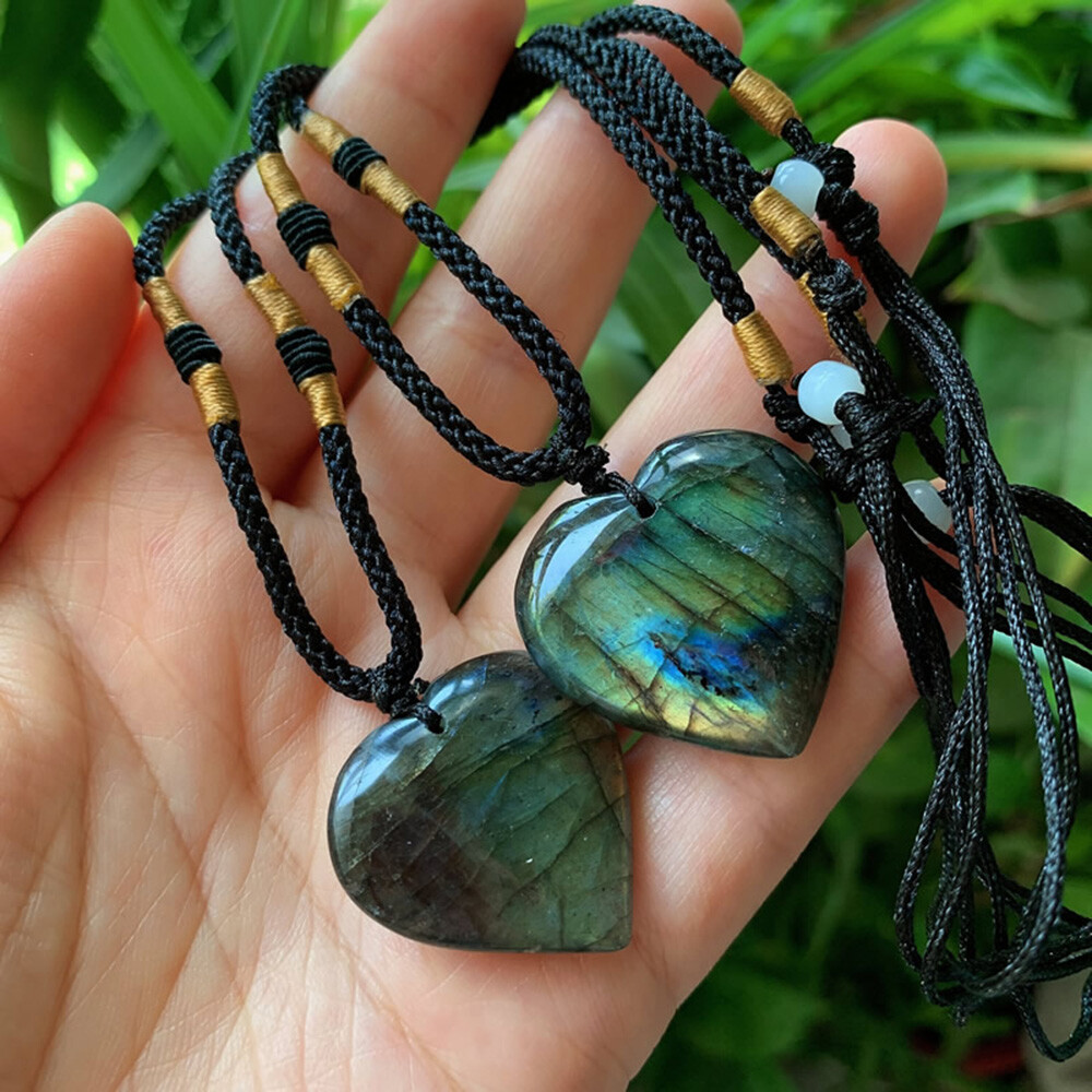 Natural Heart Pendant Labradorite Necklace Gem Moonstone Stone Crystal Quartz US