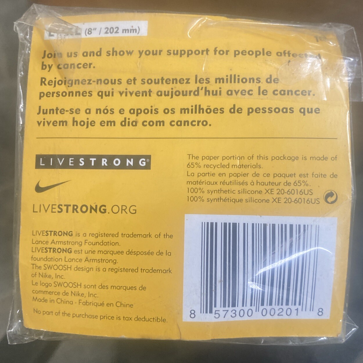 Nike Live Strong Lance Armstrong Rubber Wristband – Yellow Adult L/XL