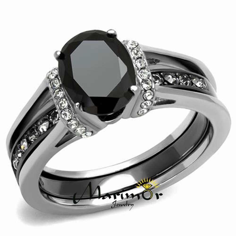 Stainless Steel 2.12 Ct Oval Cut Black Cz Two Toned Ion Plated Wedding Ring Set