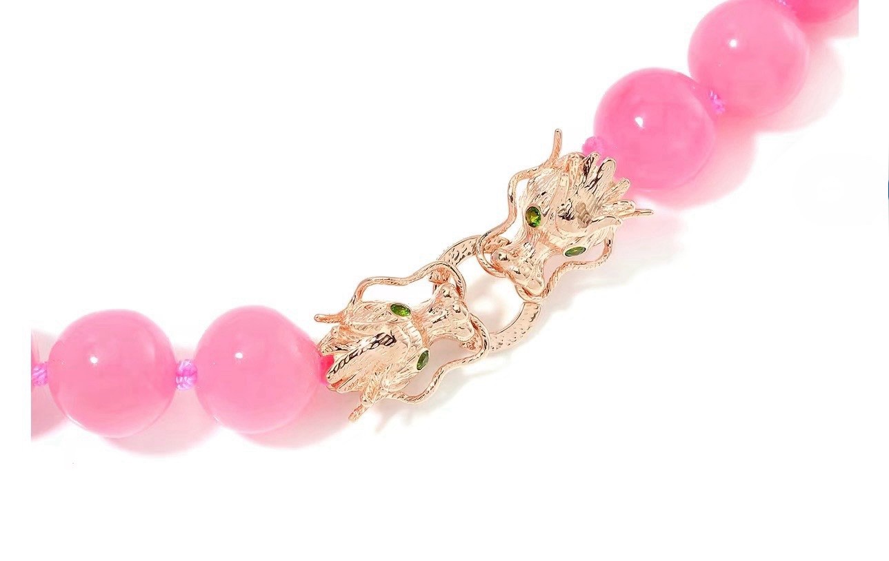 LAVISH GENUINE PINK JADE NECKLACE WITH DRAGON CLASP 18k ROSE GOLD & 925 SILVER