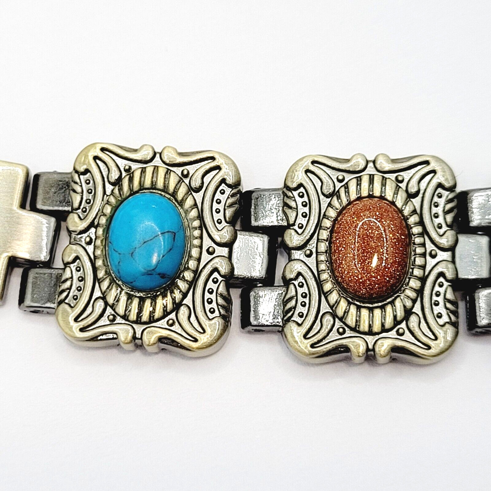 Ornate Western Style Multi Color Faux Gemstone Muted Gold Silver Tone Bracelet