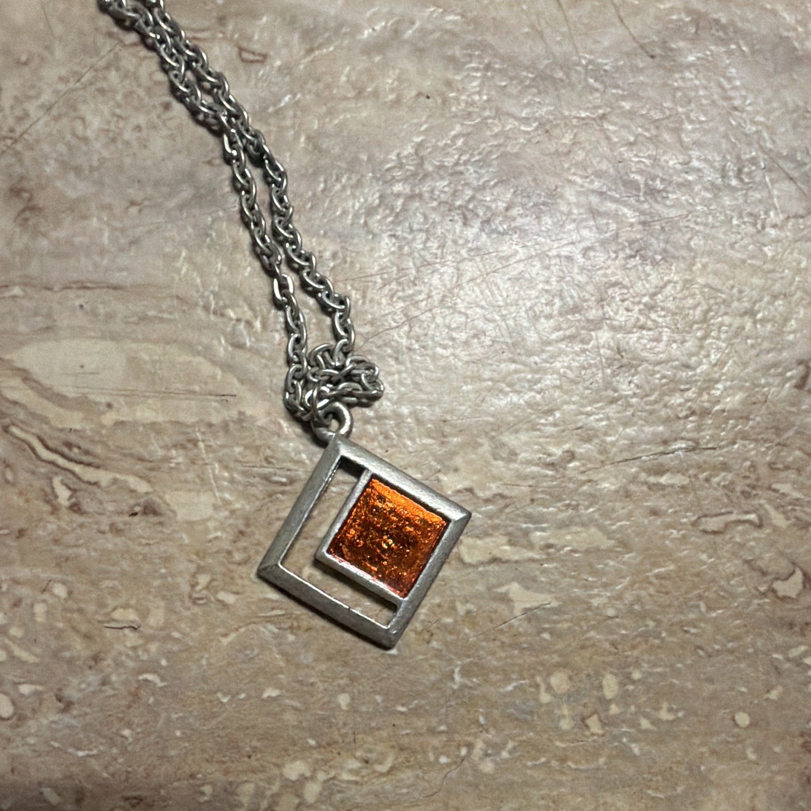 Silver Tone Square Orange Stone Bezel Charm Pendant Necklace Cable Spring Ring