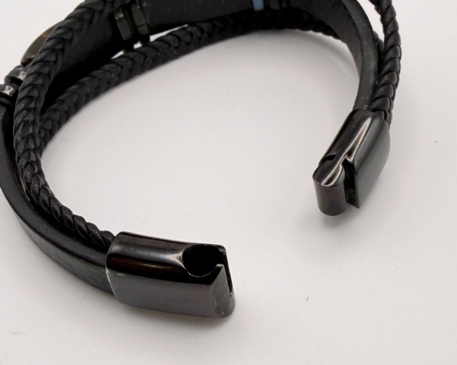 Black Braided Leather Bracelet Tiger Eye Stone Casual Earthy Boho 7 Inch