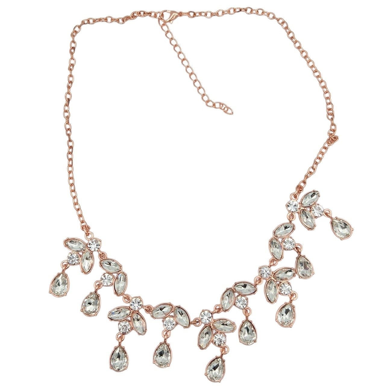 Rose Gold Tone Rhinestone Bib Necklace 18-20.5″ Statement Bridal