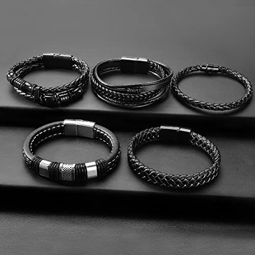Black Leather Bracelets for Men Women 5pcs Mens Bracelet Leather and A- 8.7inch