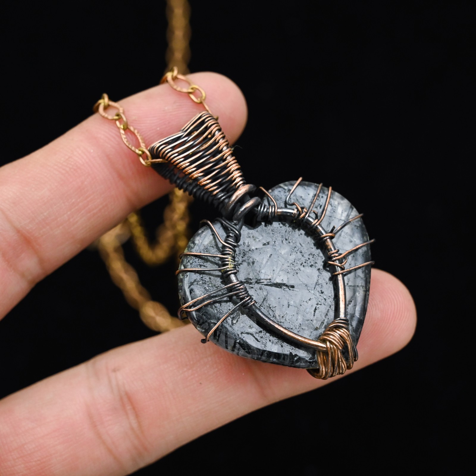 Copper Wire Wrapped Black Rutile Heart Pendant Tree of Life Artisan Necklace