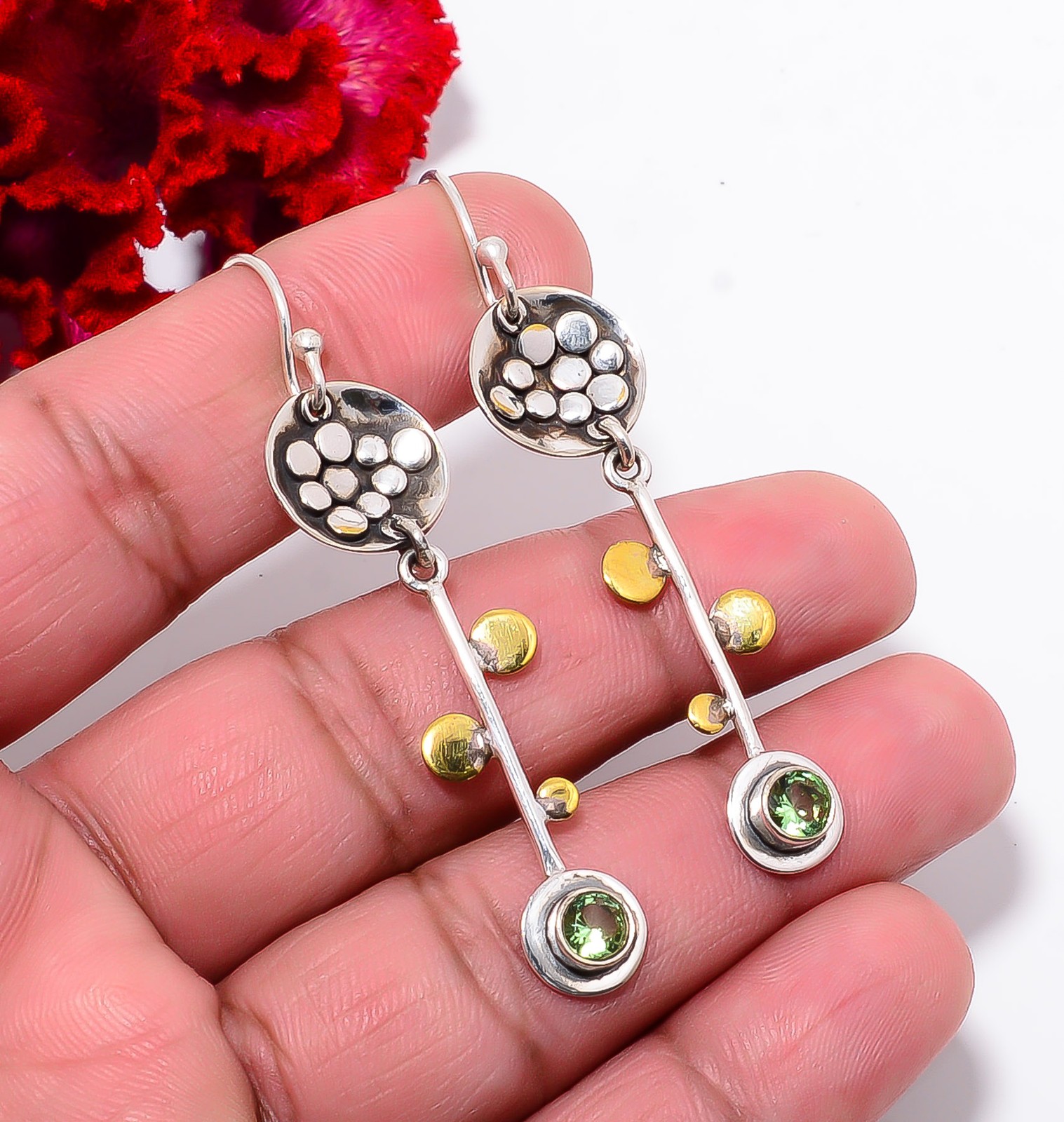 Green Amethyst 925 Sterling Silver Two Tone Earring 2.25″ E94228