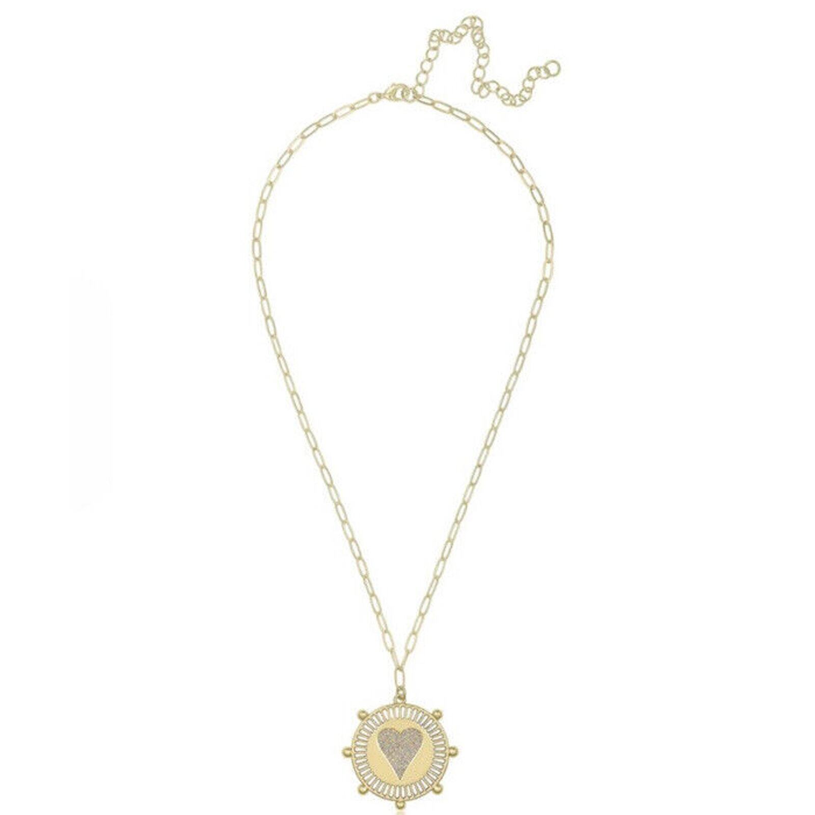 Jennifer Miller Yellow Gold Plated Pave Heart Medallion Necklace Paperclip Chain