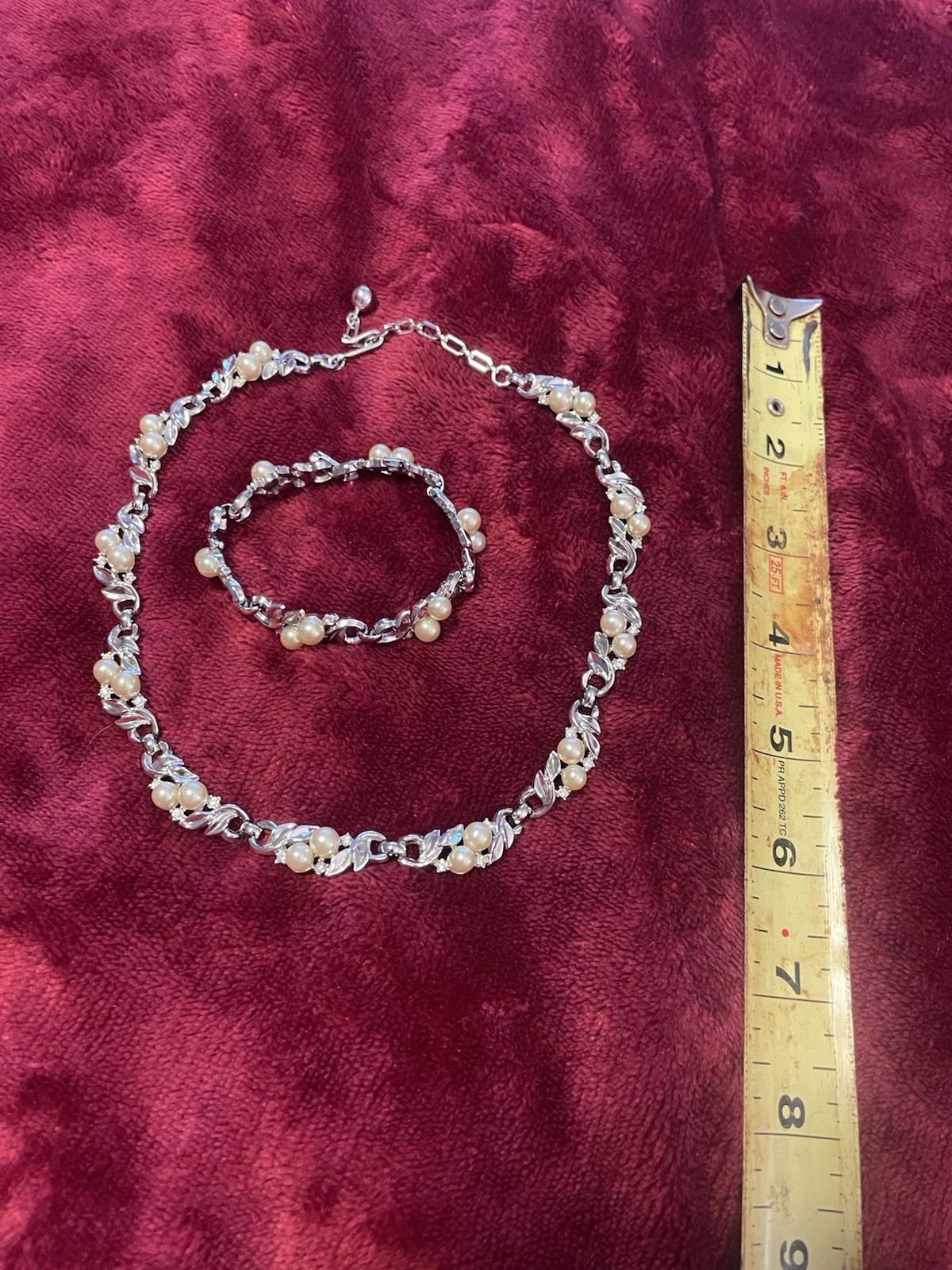 Trifari Signed Silver Tone Imitation Pearl Jewelry Set Necklace & Bracelet