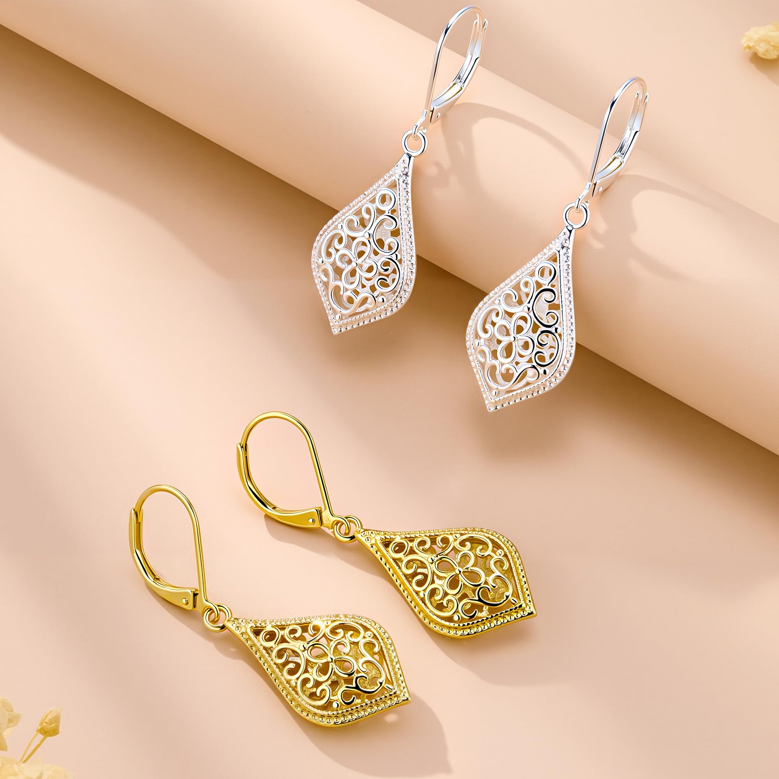 14K Gold Dangle Earrings for Women, Filigree Dangling Leverback Earrings, Gol…