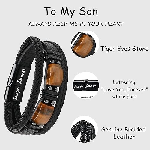 Leather Bracelet W/Tigers Eye To My Son Birthday Gift Love You Forever Bracelet