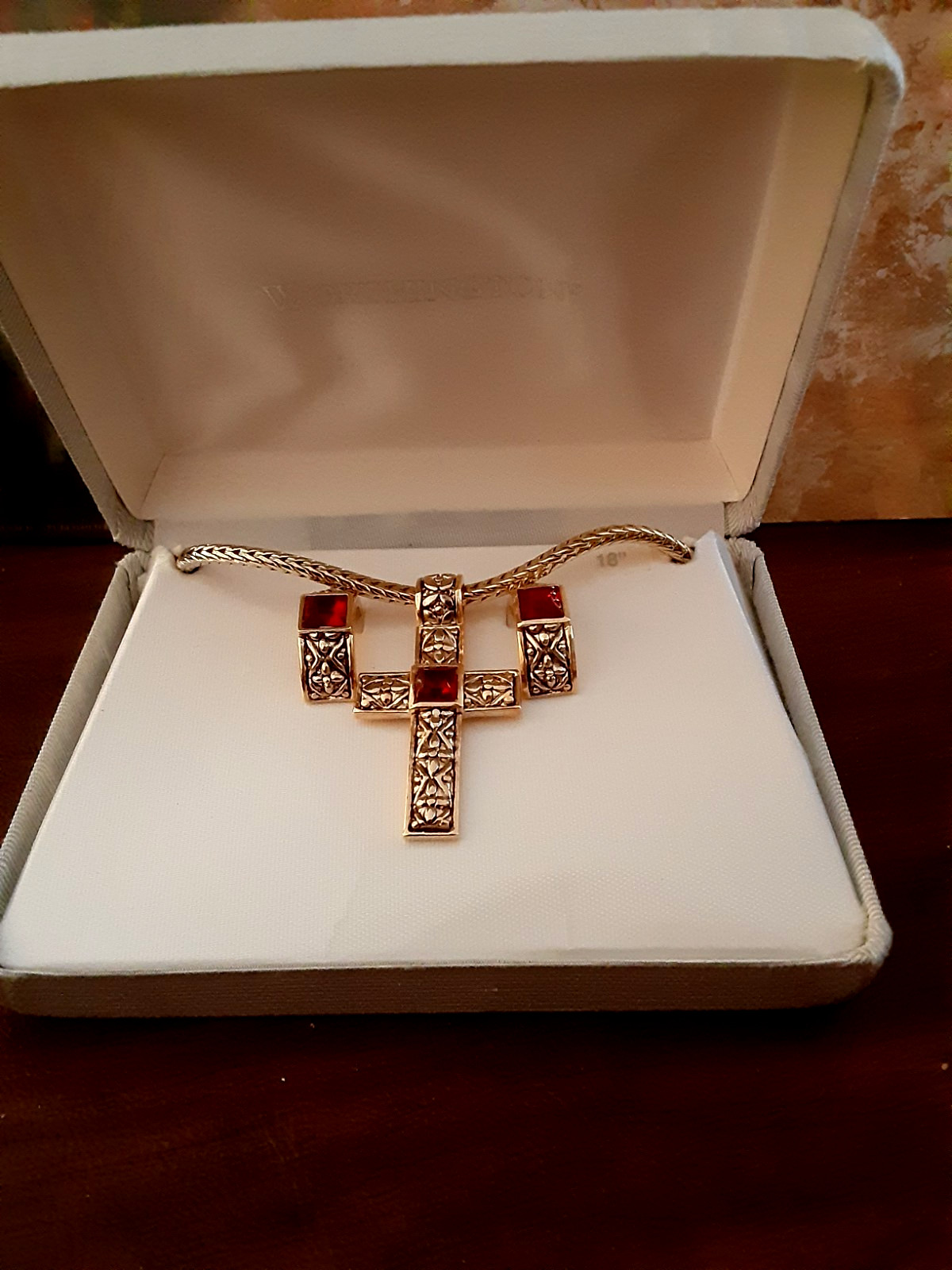 Worthington Cross Necklace and Earring Set with a red simulated Garnet stone VTG