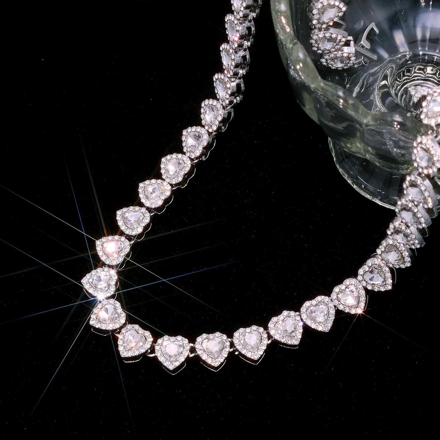 Rhinestone Hearts Necklace, Iced Out Hearts Jewelry，Silver Tennis Necklace for W