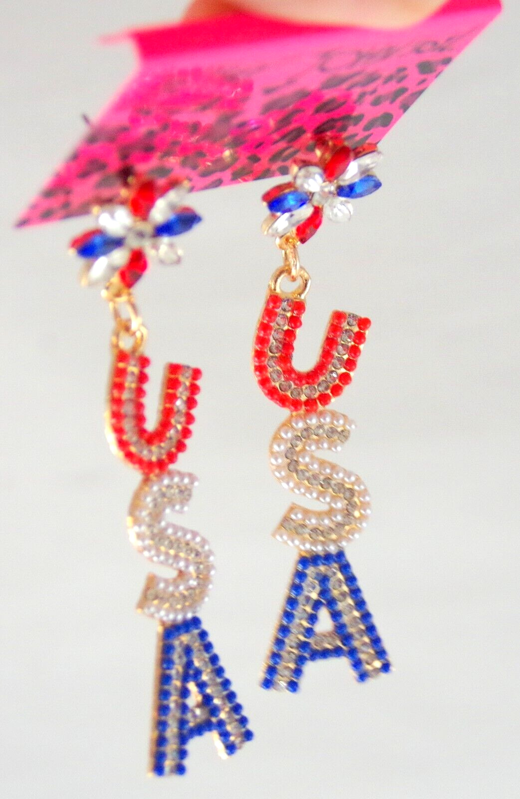 3″ BETSEY JOHNSON PATRIOTIC USA RED WHITE & BLUE RHINESTONE DROP DANGLE EARRINGS