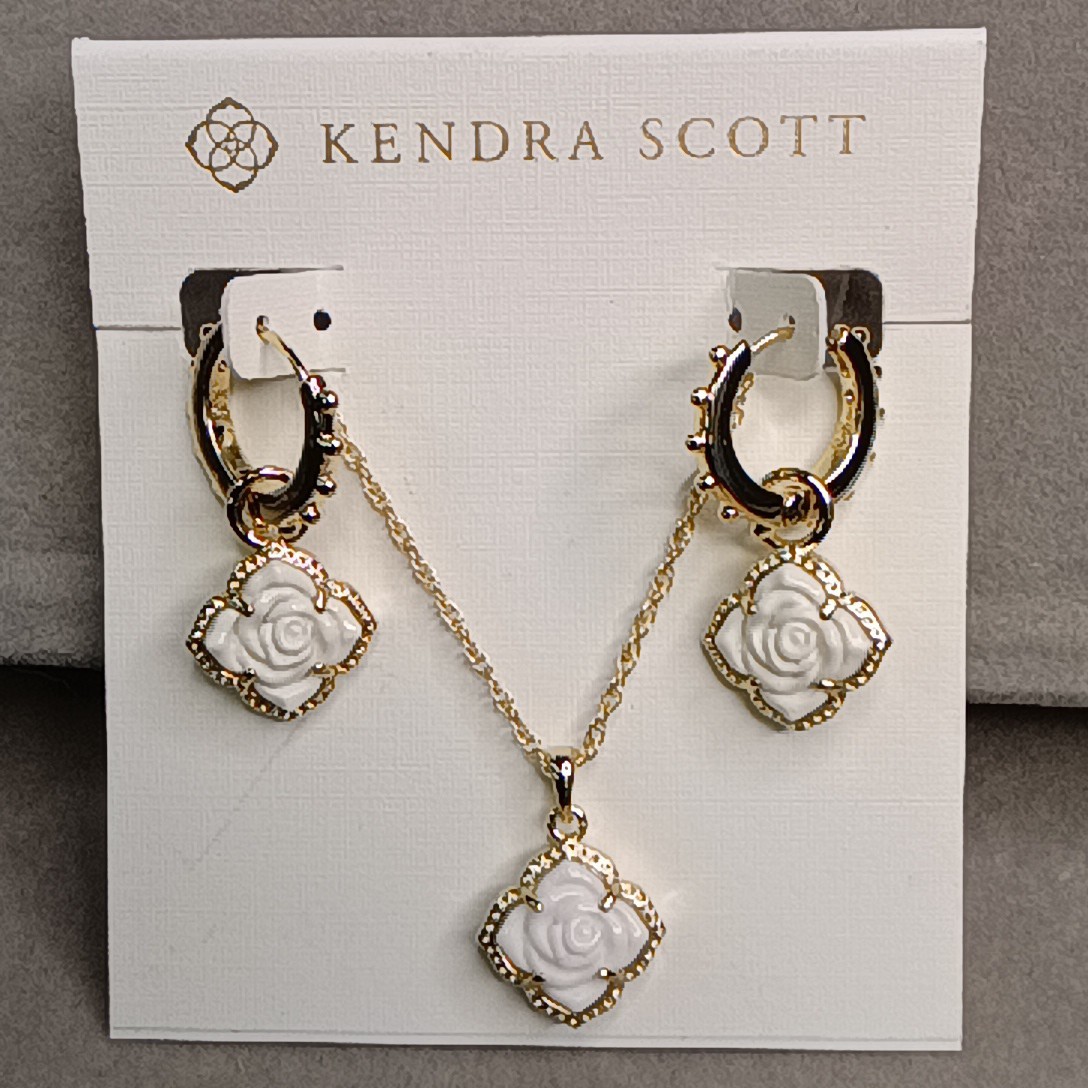 Kendra Scott Mallory Rose Huggie Hoop Earrings & Matching Necklace – Gold / Whit